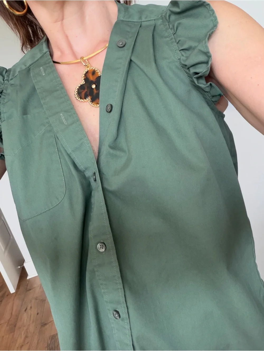 KMJ Ruffled Sleeve  Button-Front Top -  Green - Picture 6 of 14